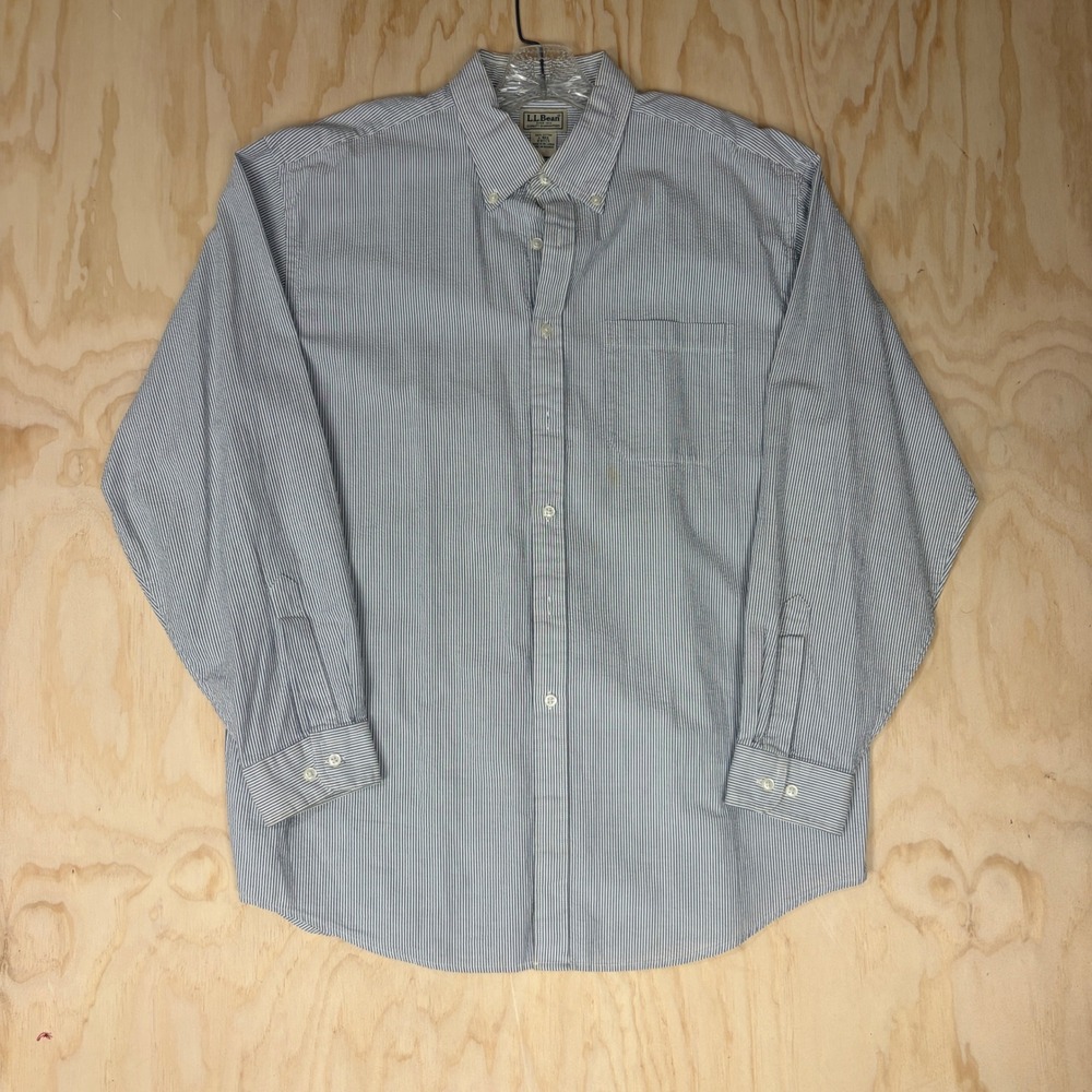 LL Bean Mens Large Blue White Pinstripe Cotton Button Down Shirt Long Sleeve